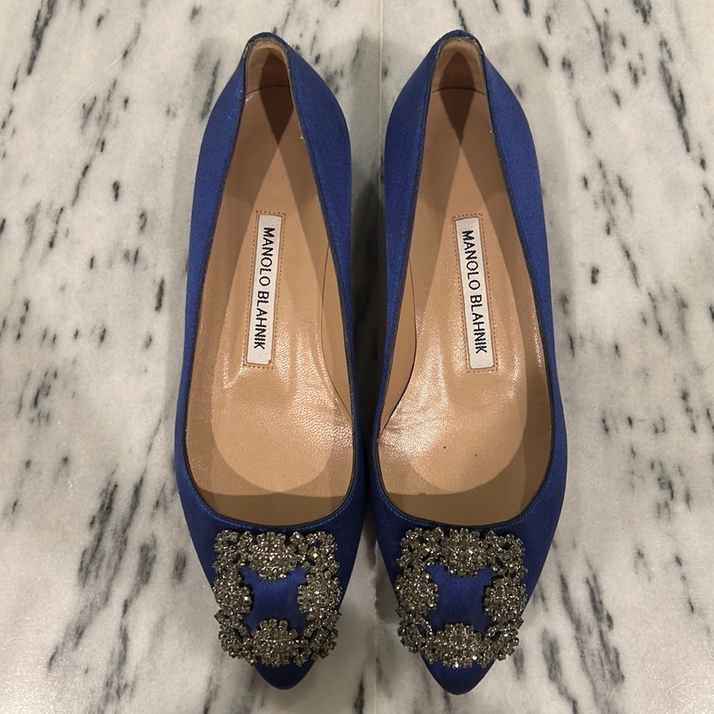 Manolo Blahnik Hangisi Crystal Buckle Satin Flat